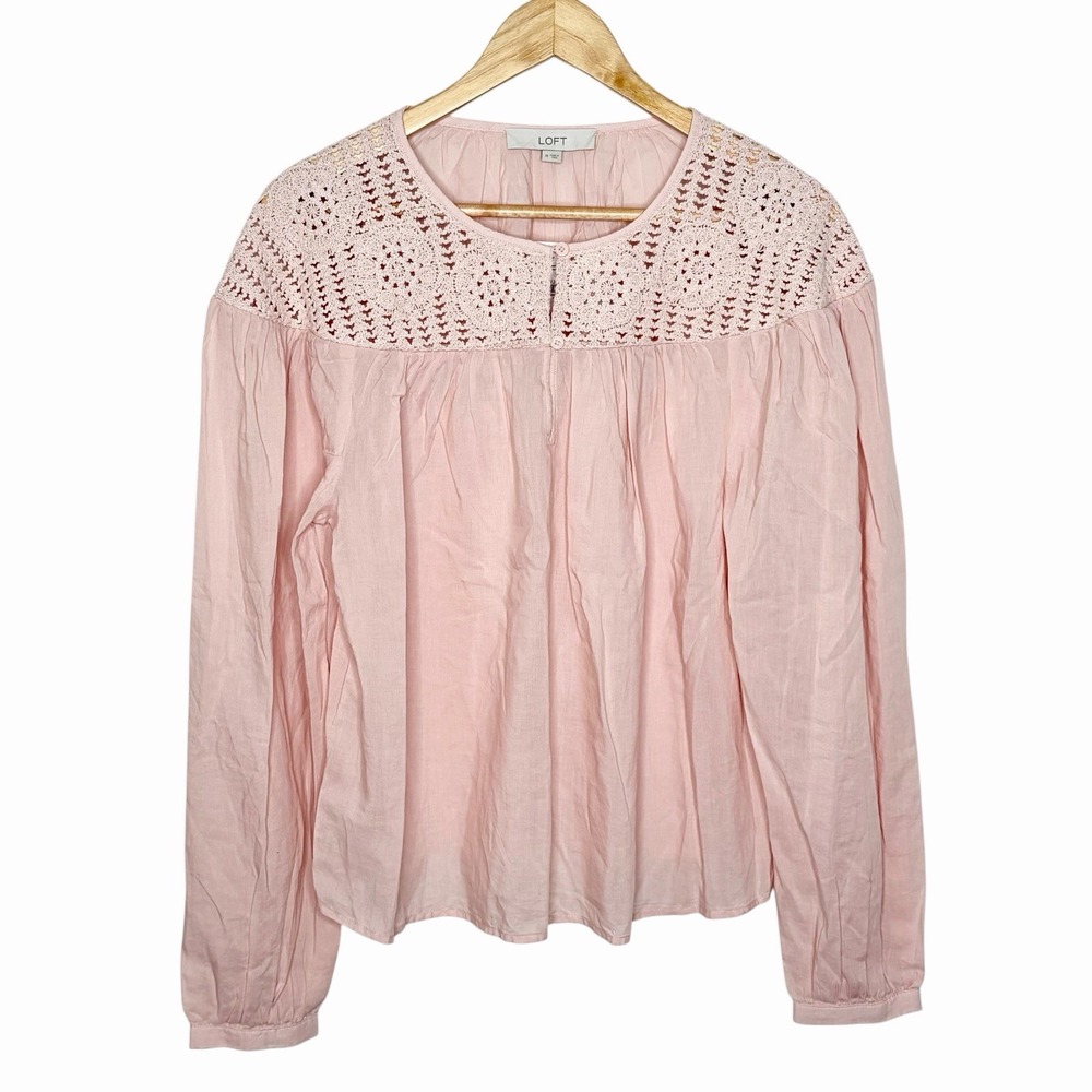Loft Crochet Blouse Top Pink Womens M Cottagecore Boho Western Coastal Cowgirl